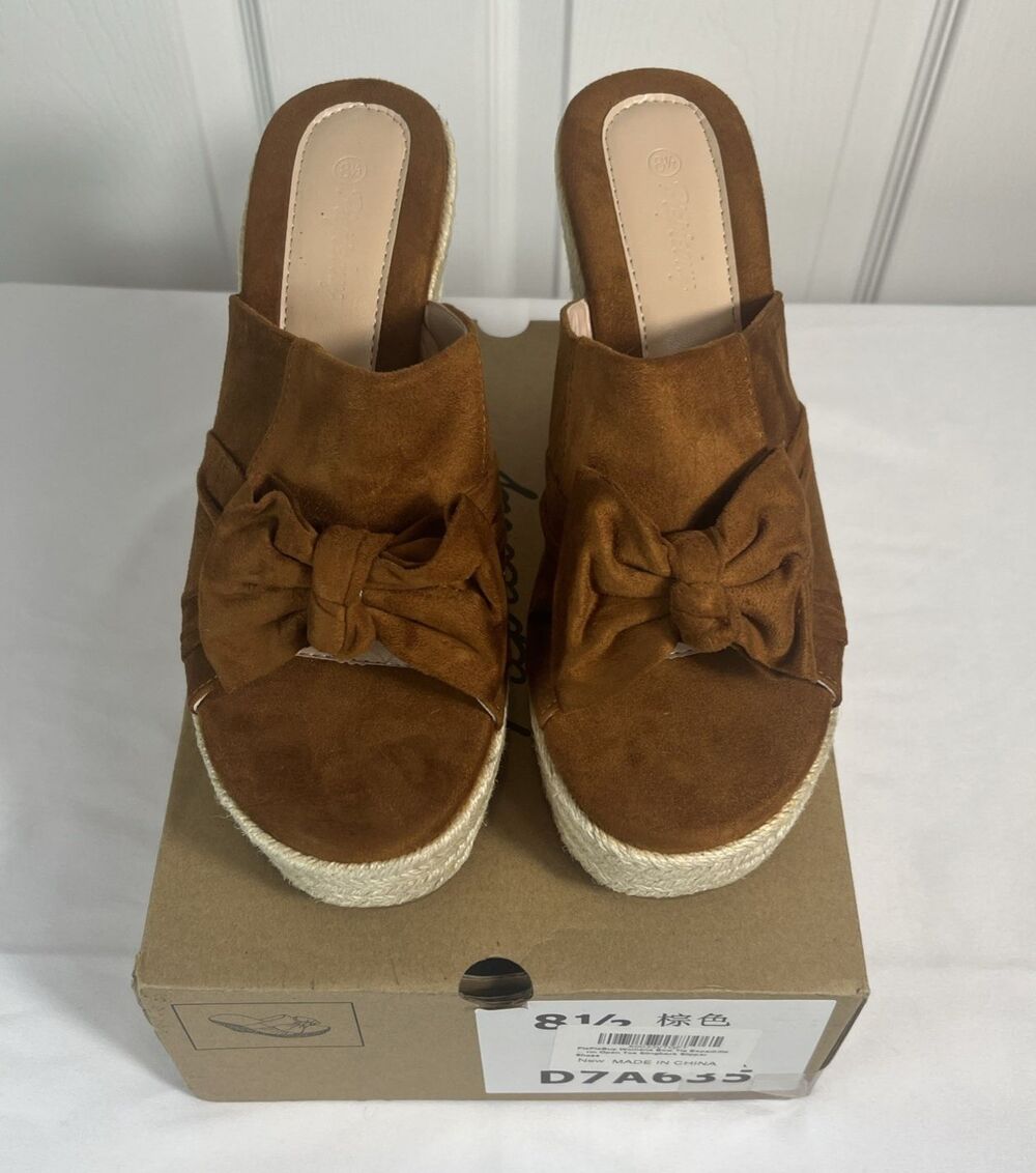PiePieBuy Brown Platform Espadrilles Slip On Wedge Sandals Bow Tie Women's 8.5
